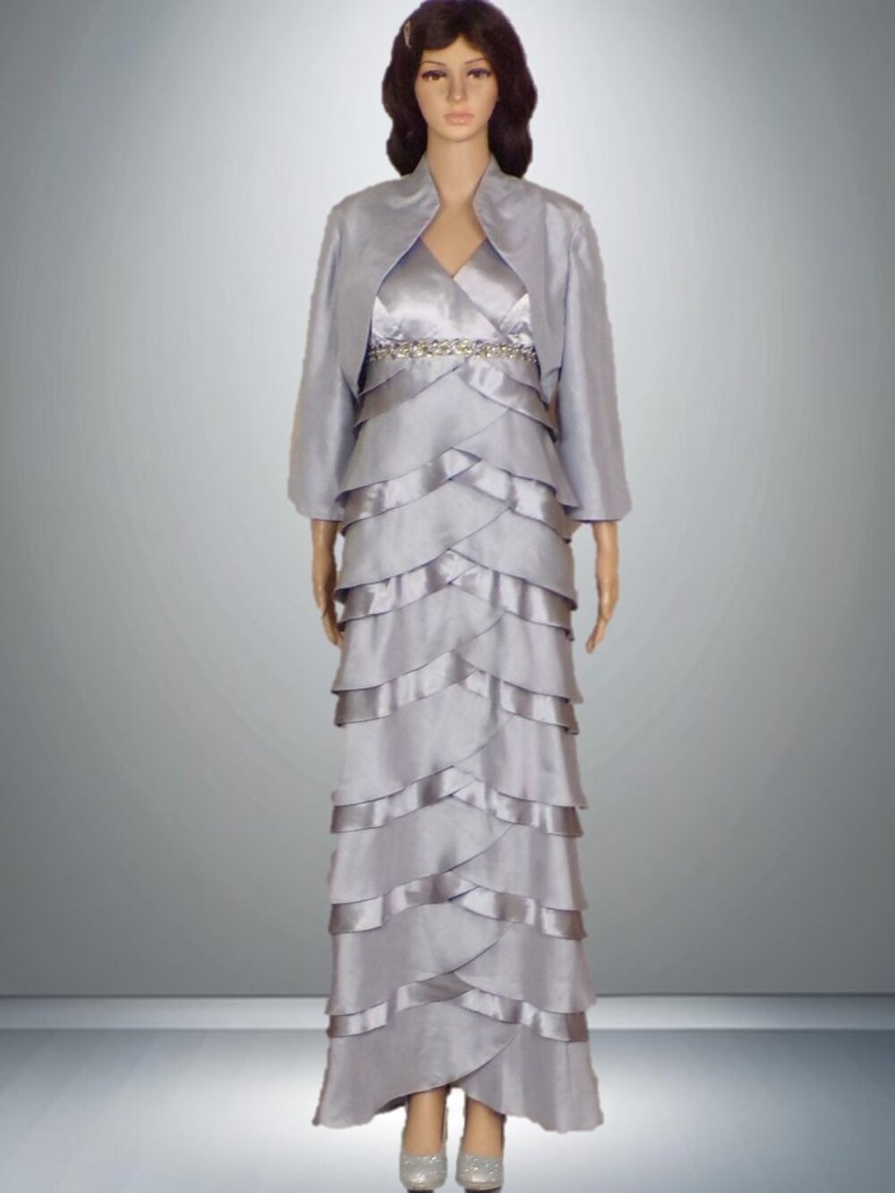 JESSICA HOWARD size 8 silver-gray 2-piece elegant evening ensemble jacket/dress